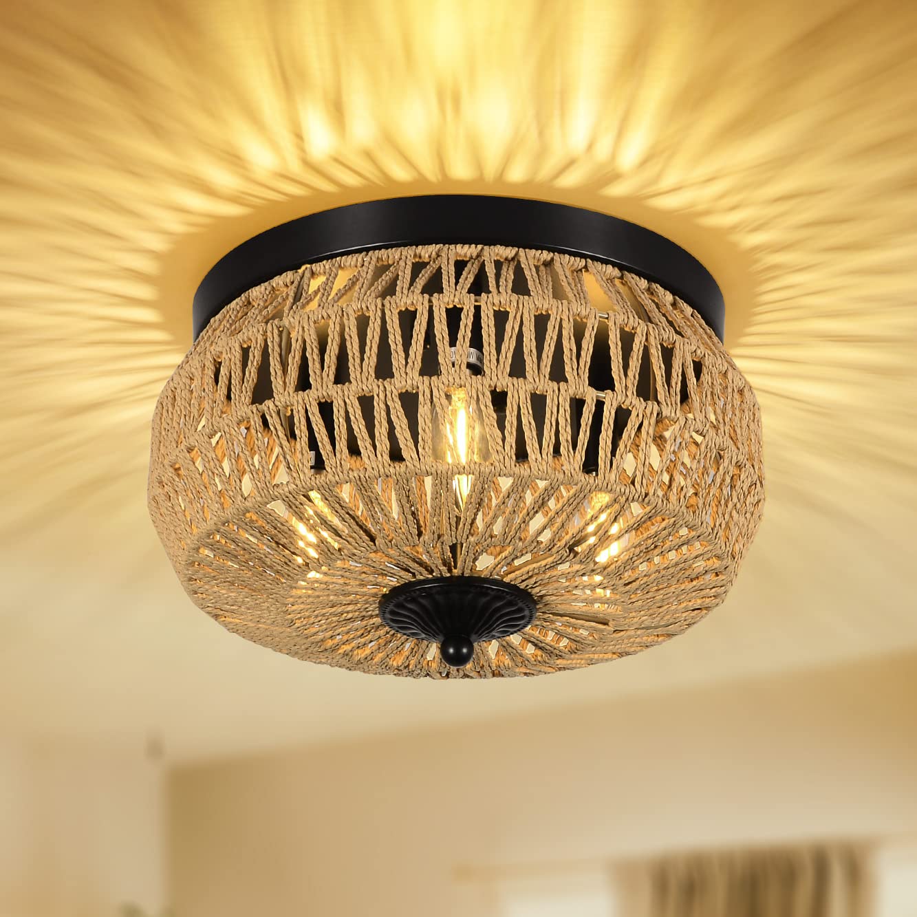 Woven Rattan Flush Mount Ceiling Light Fixture with Hand-Worked Cage Shade