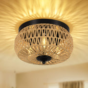 Woven Rattan Flush Mount Ceiling Light Fixture with Hand-Worked Cage Shade