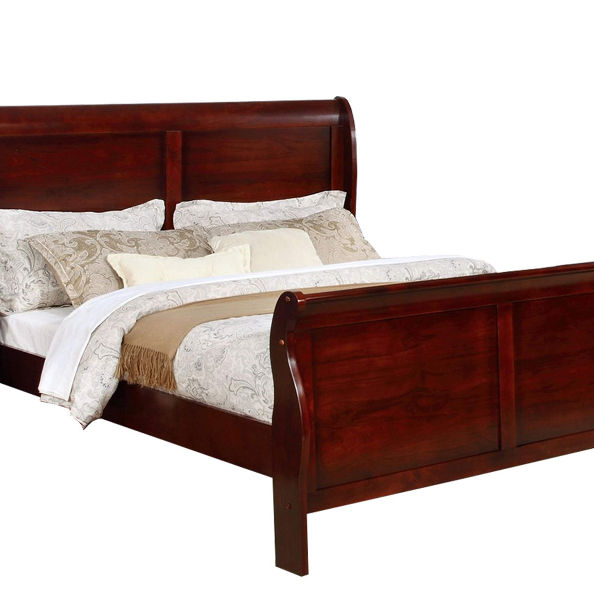 Benjara Full Size Sleigh Wooden 4 Piece Bedroom Set, Brown