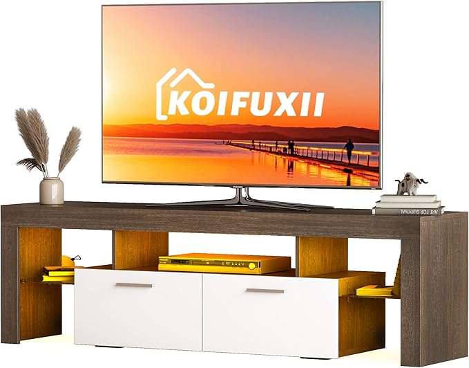 Modern TV Stand Glossy White - TV Console with Led Lights and Storage Drawers