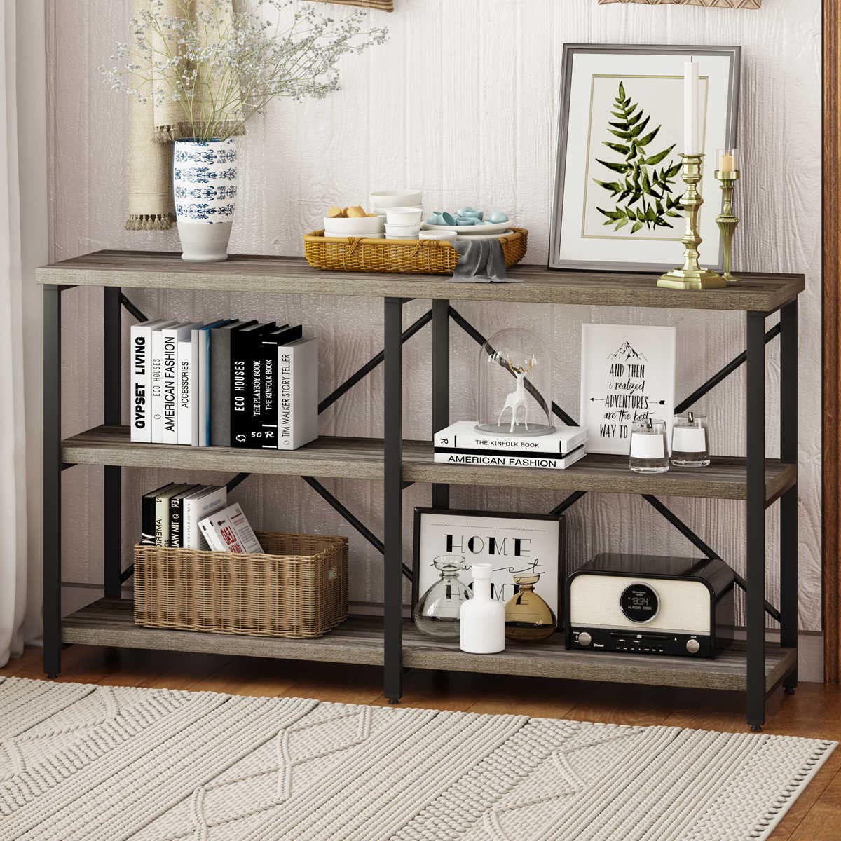 Rustic Console Table Behind Sofa, Industrial Entryway Table with Storage Shelves