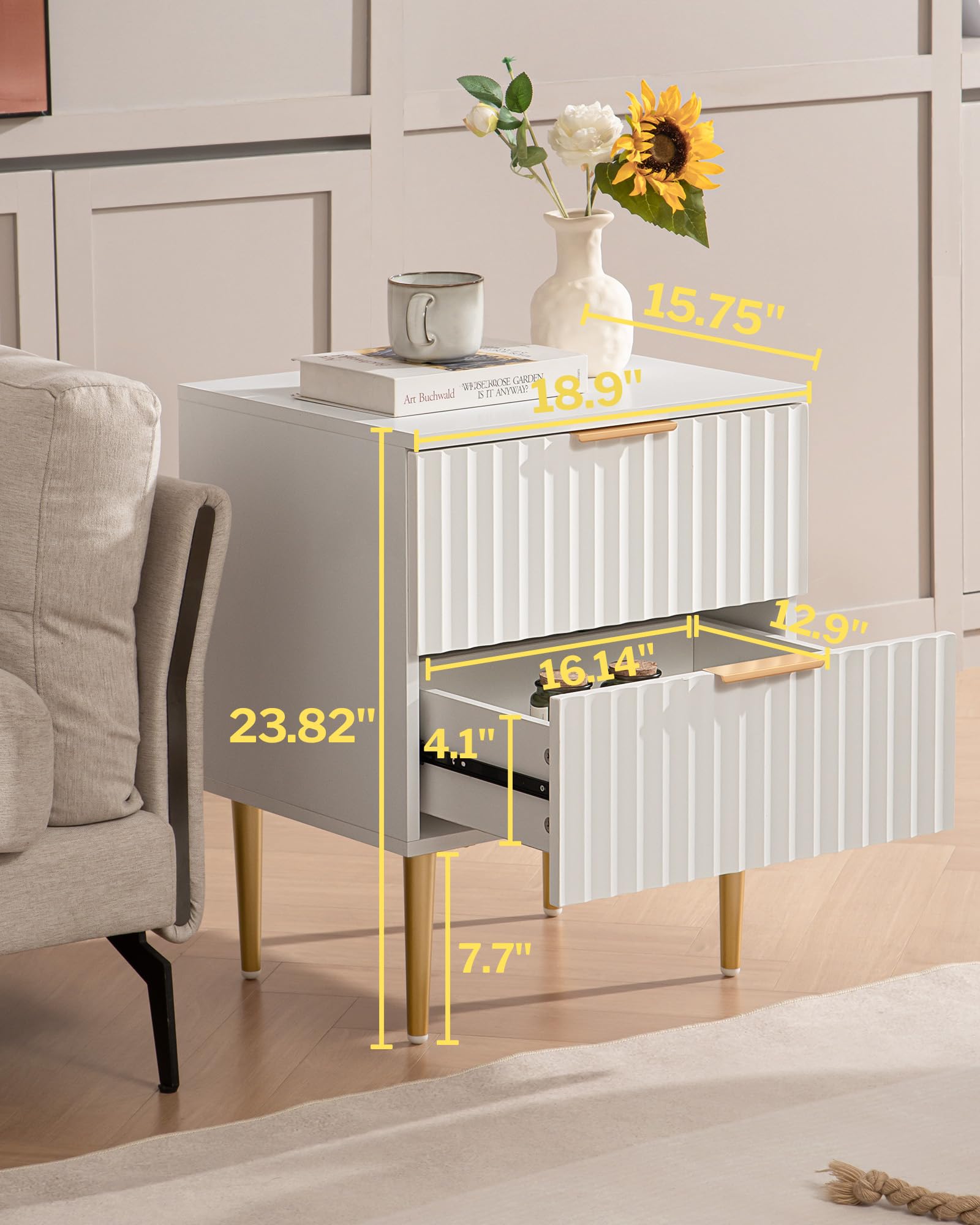 White Night Stand Set 2, Wide Fluted Nightstand