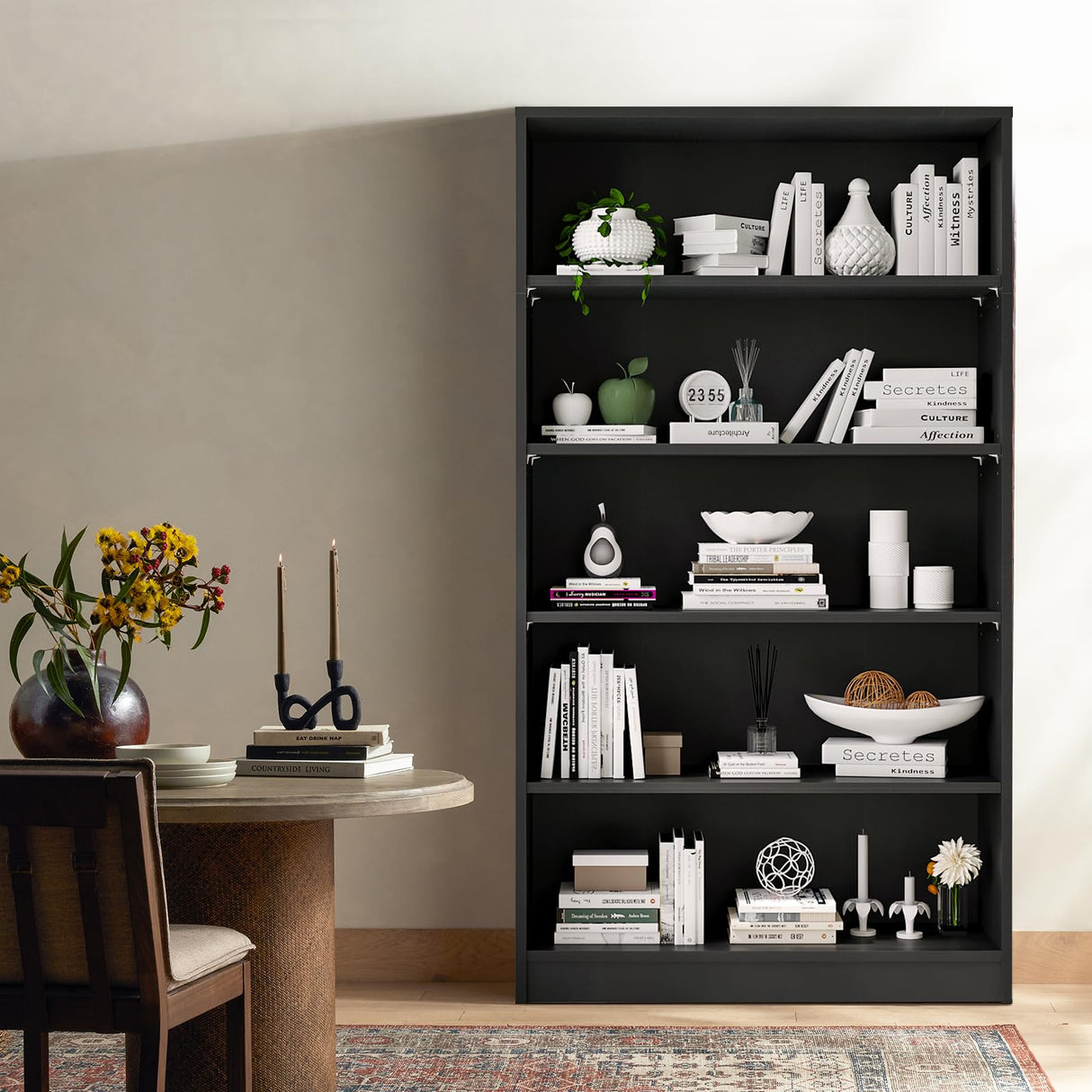 5 Shelf Bookcase,60 Inch Wood Tall Bookshelves for Living Room,Black