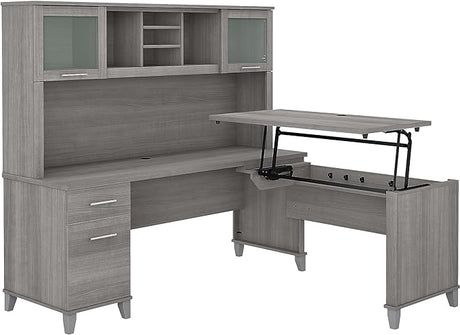 Somerset 3 Position Sit to Stand L Shaped Desk with Hutch in Ash Gray