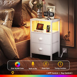 Nightstand with Charging Station, End Table with LED Lights, Bedside Table with Fabric