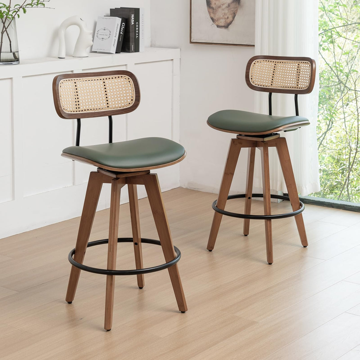 Rattan Bar Stools Set of 2, Faux Leather Counter Height Swivel Barstools