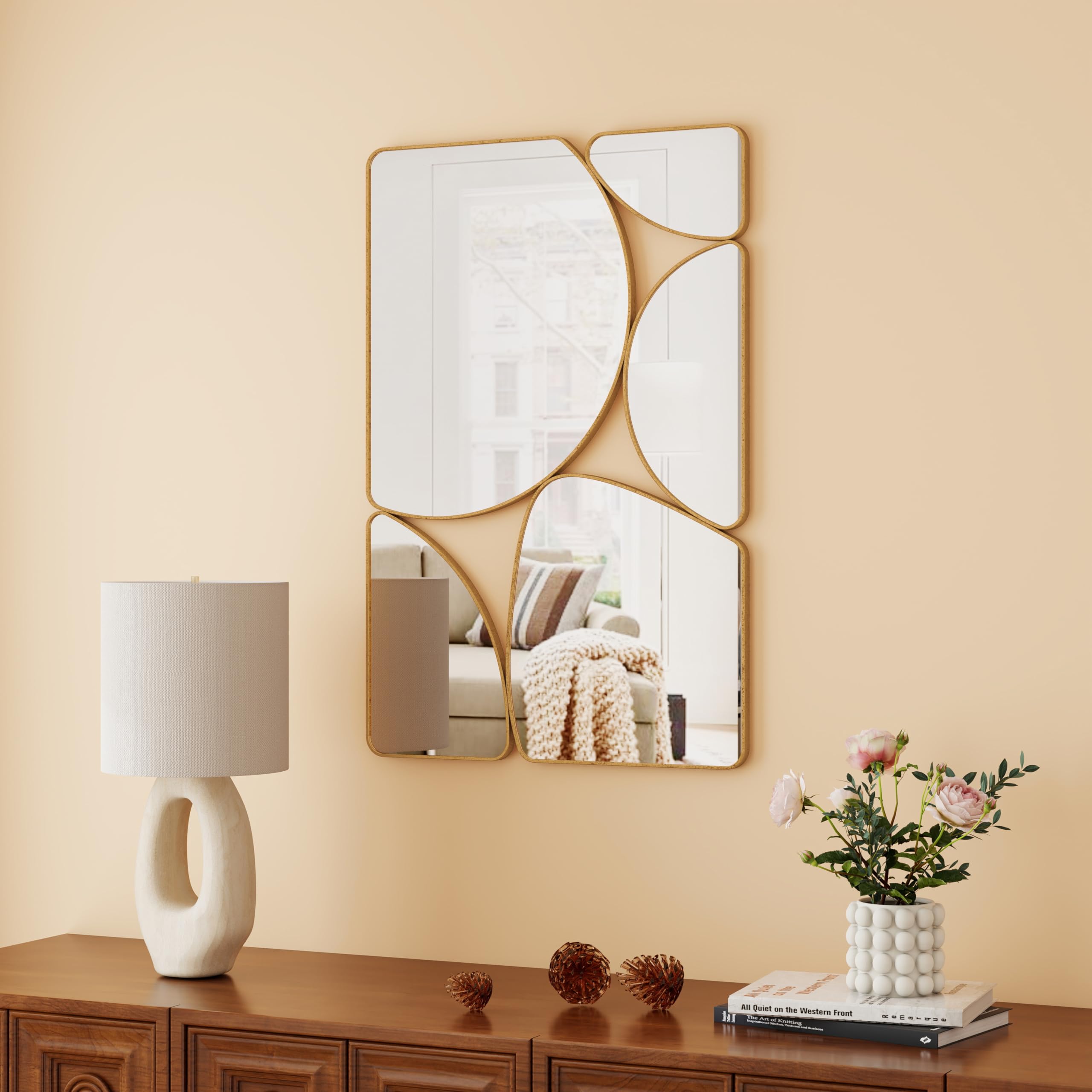 Antique Gold Mirror Wall Decorative, Oblong Odd Mirror Accent Abstract Mirror