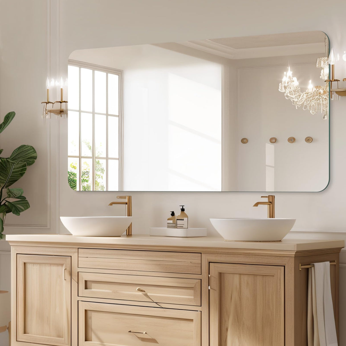 Frameless Bathroom Mirror, Rounded Corner Bathroom Vanity Mirror