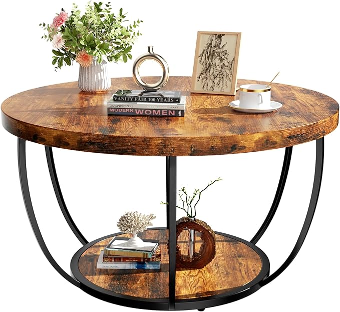 31.5" Round Coffee Table, 2-Tier Coffee Tables for Living Room