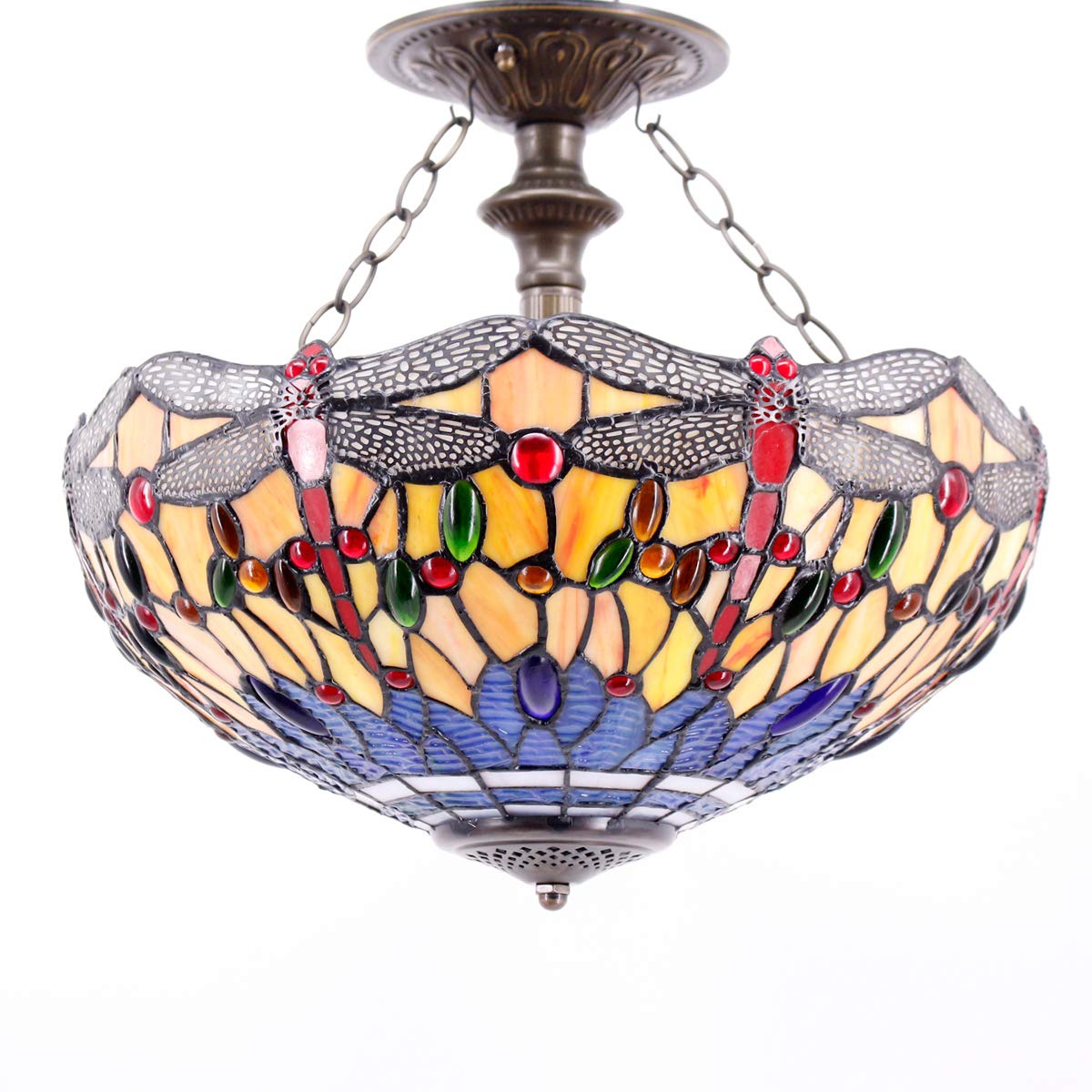 Tiffany Dragonfly Ceiling Light - 16 Inch Stained Glass Semi Flush Mount