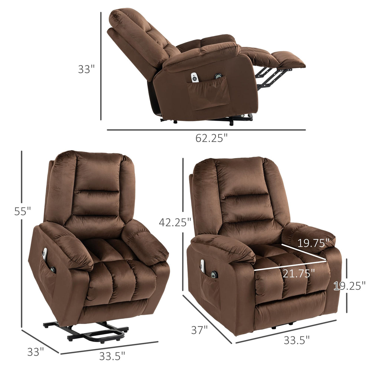 Power Lift Recliner Chair, Ergonomic Massage Chair with 4 Positions and Heating, Fabric Overstuffed Living Room Chairs with Side Pockets, Dark Brown