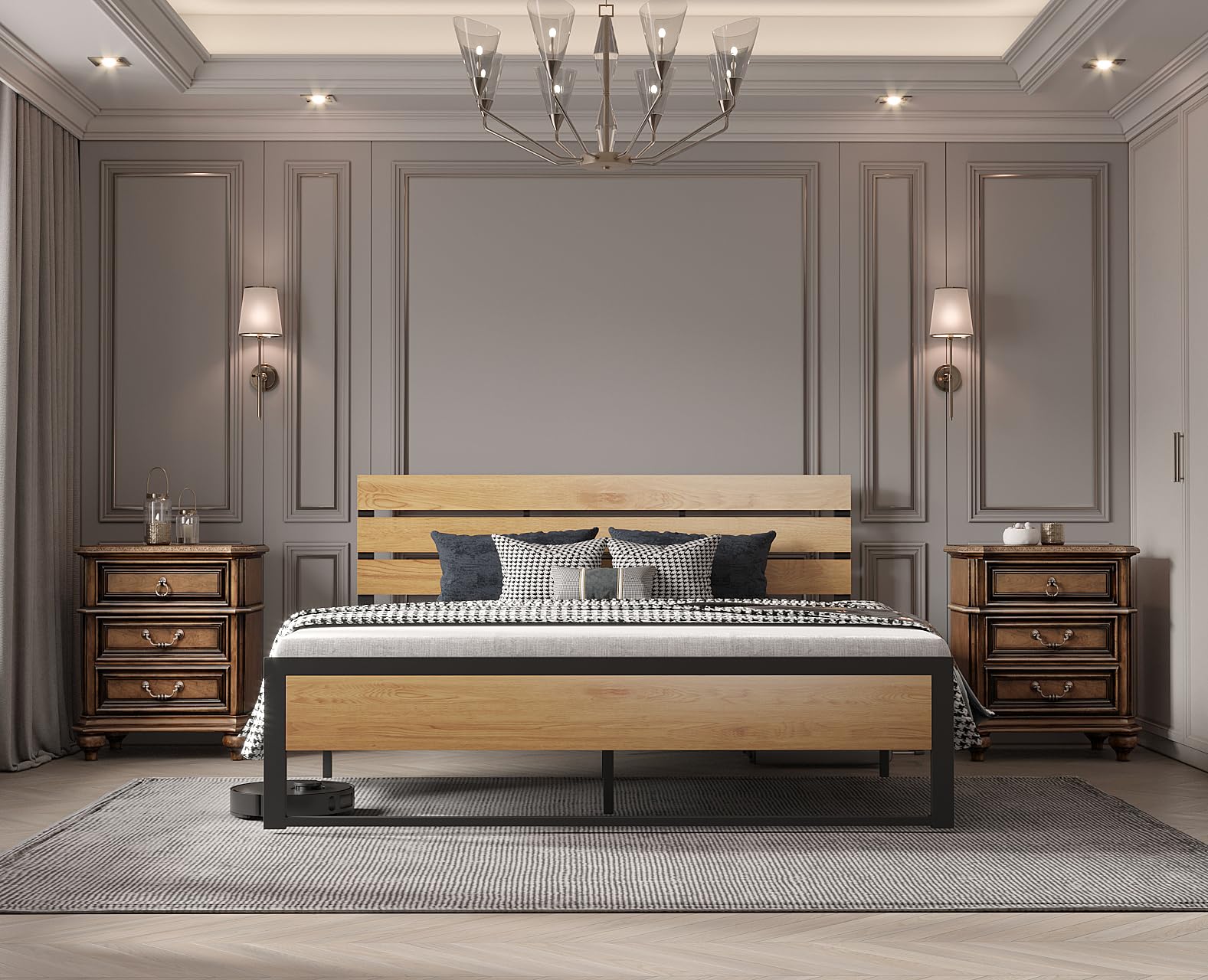 Full Size Bed Frame Steady Steel Platform with Wood Headboard/Footboard