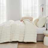 Fluffy Queen Size Comforter Set Cream, Jacquard Boho Texture Sherpa Bed Set