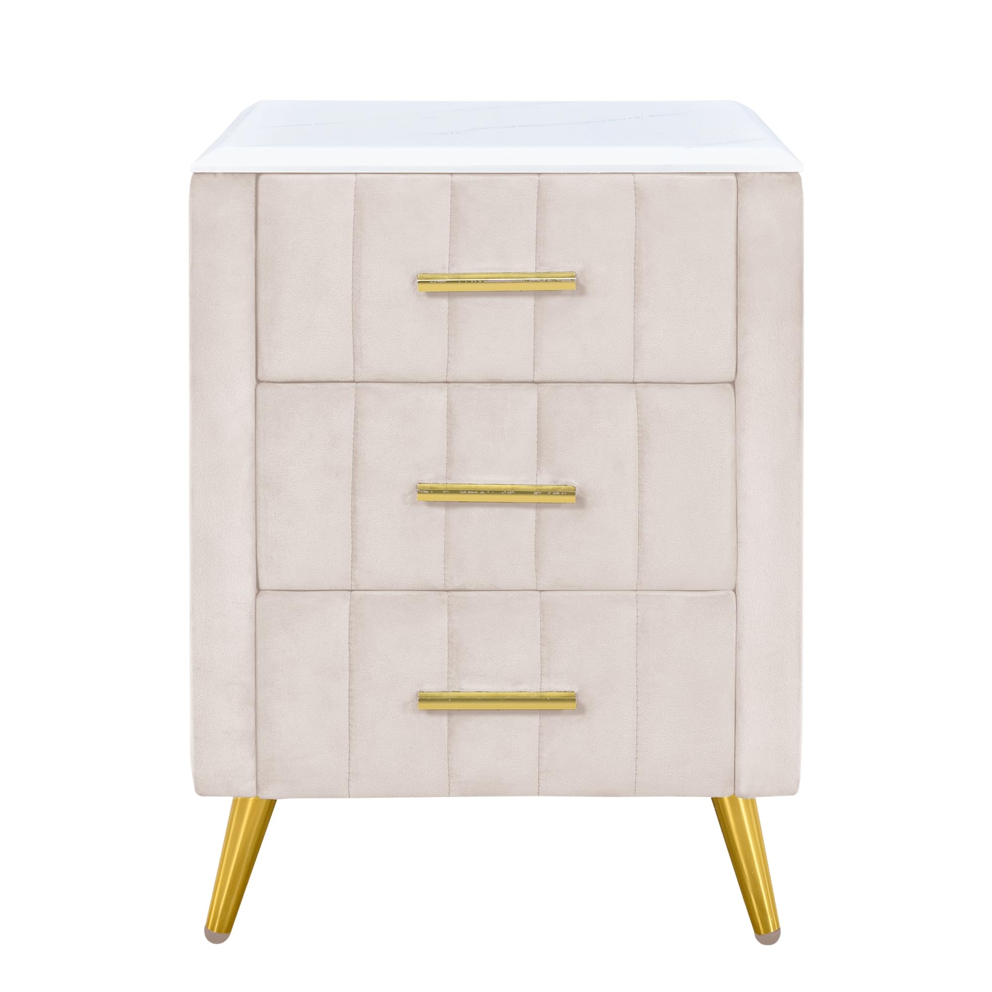 3 Drawers Nightstand with Metal Legs&Handles,Upholstered Nightstand with Faux Marble