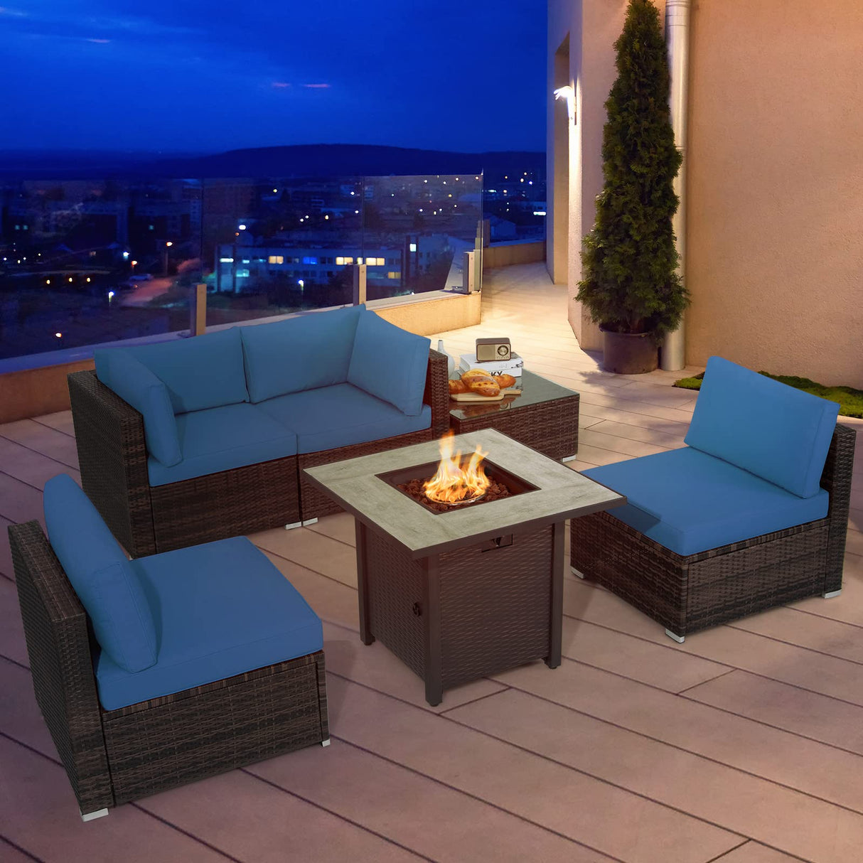 6 Piece Outdoor Rattan Sofa Set with 30in Propane Gas Fire Table