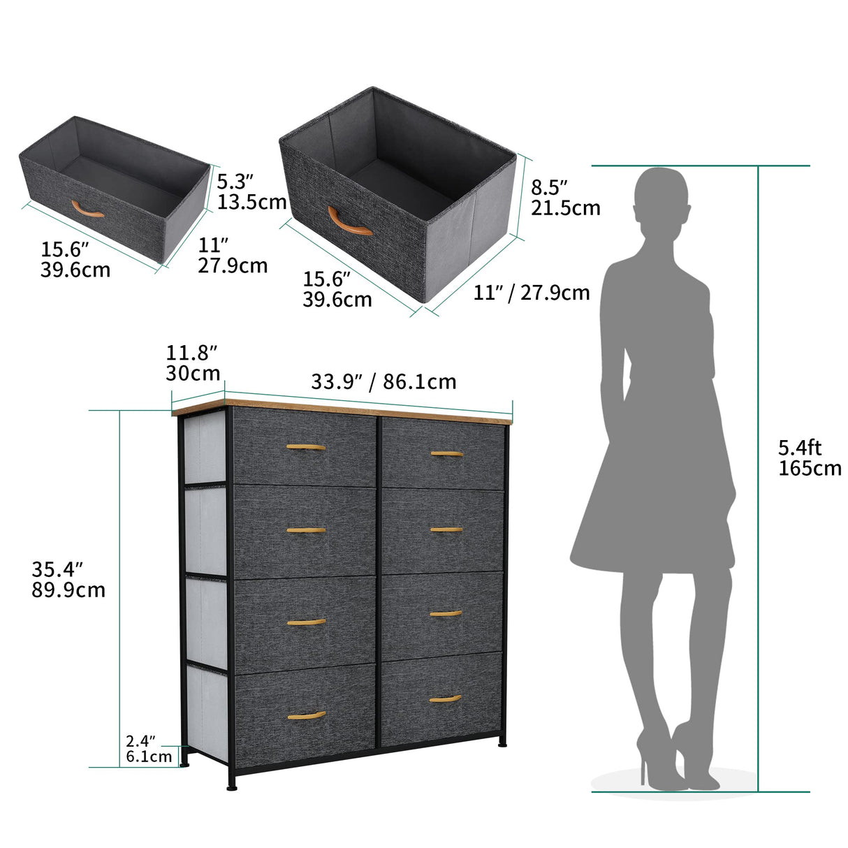 Dresser for Bedroom, Tall Dresser with 8 Drawers, Storage Tower with Fabric Bins,