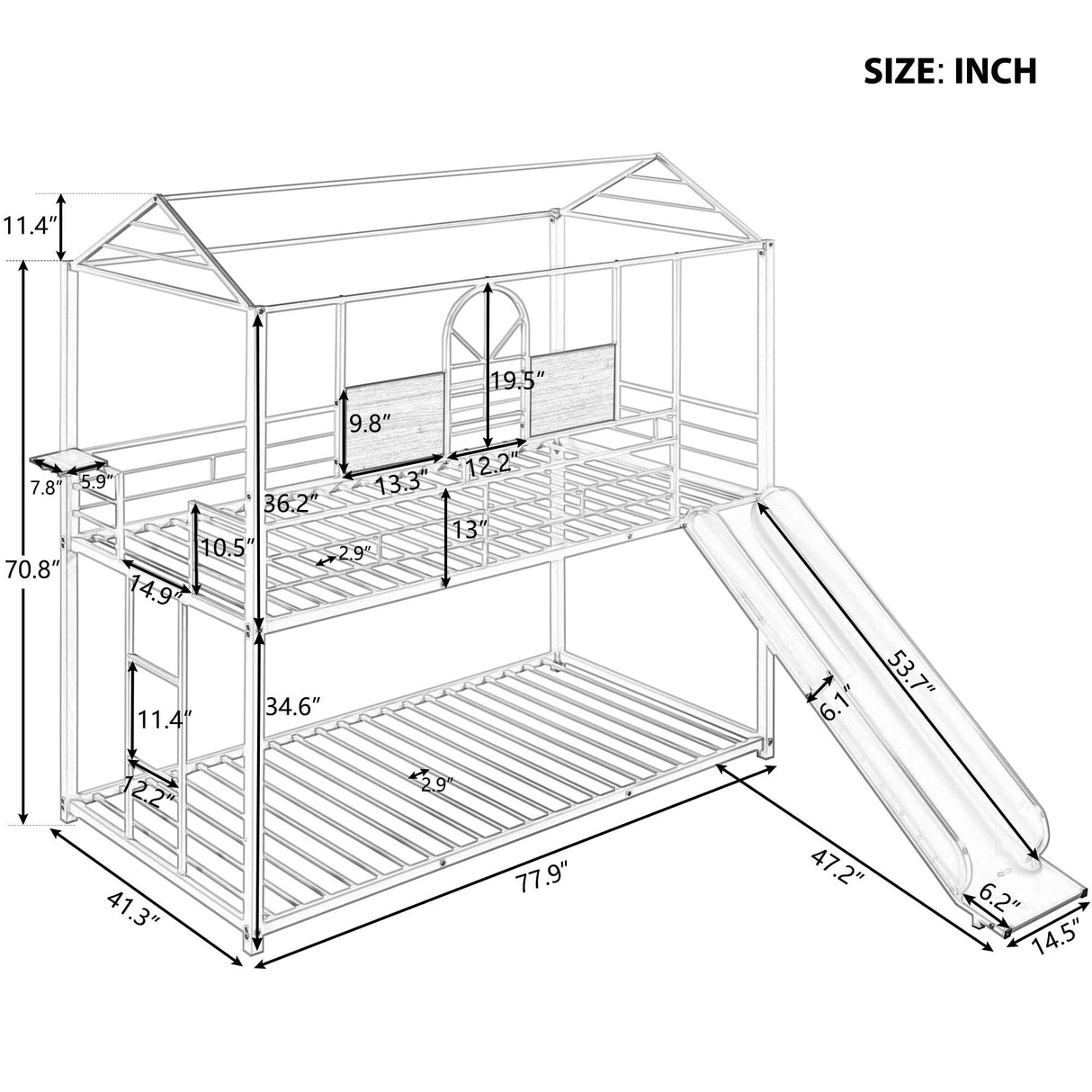 Size Metal Bunk Bed Frame with Roof Design and Bedside Storage Shelf, Metal House