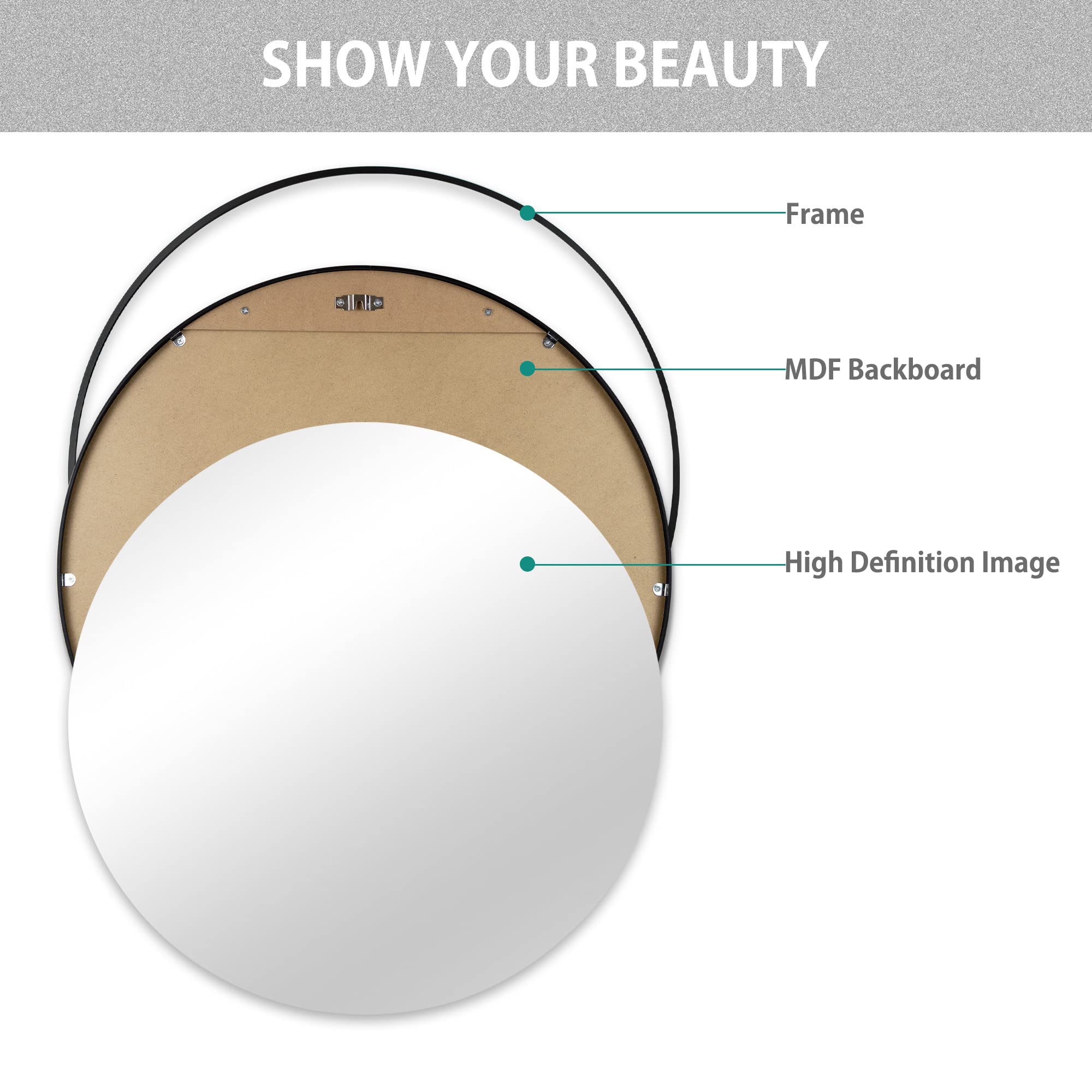 36 Black Round Mirror, Aluminum Framed Circle Wall Mounted Mirror, Circular Vanity Mirror,