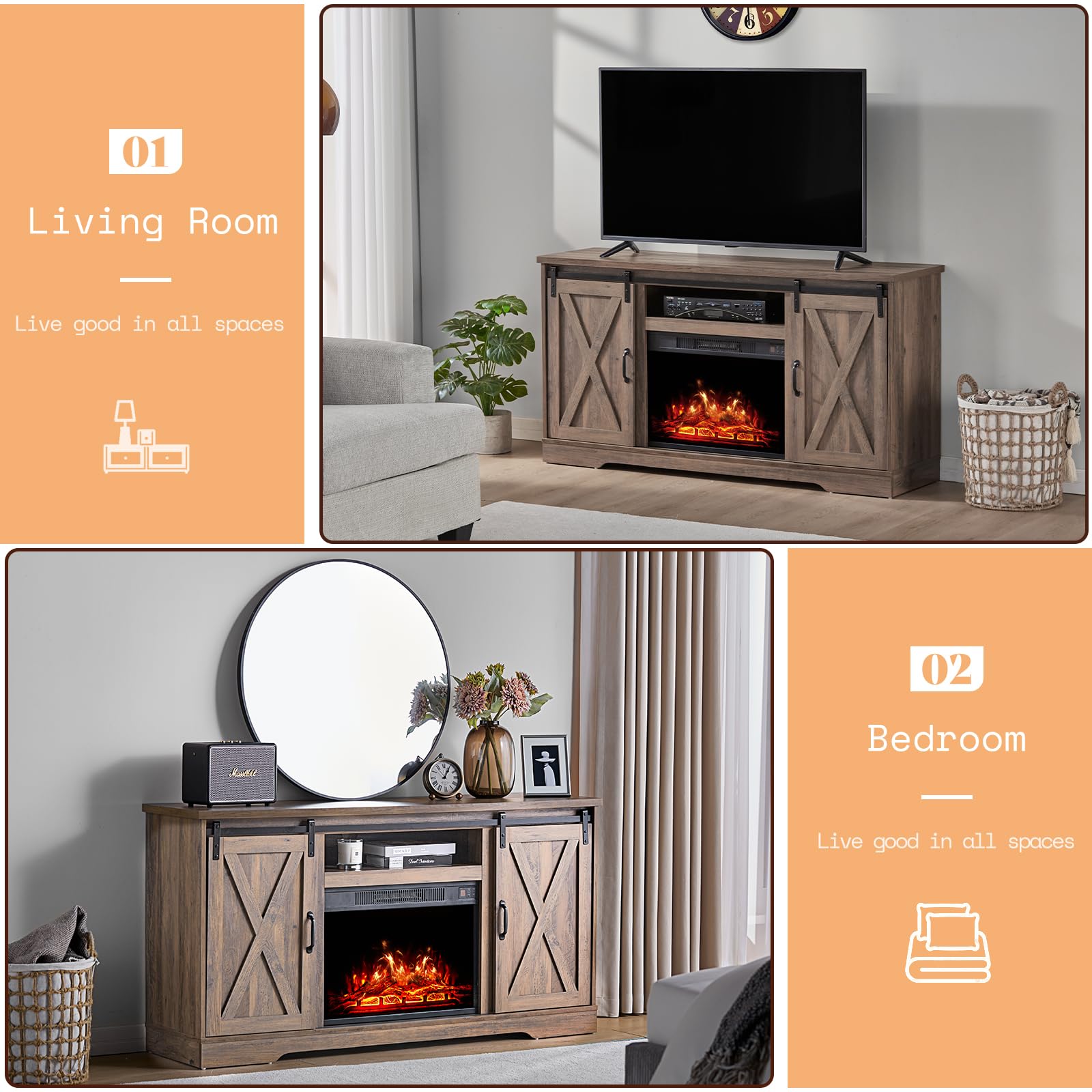 5-Piece Farmhouse Table Set includes Fireplace TV Stand, Coffee Table& Two End Tables