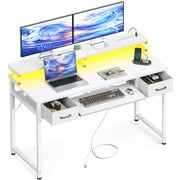 ODK Gaming Desk with Led Lights and Power Outlet, 48 Inch Computer Desk with Drawers and Keyboard Tray, PC Desk with Monitor Stand, Work Desk for Home Office, White