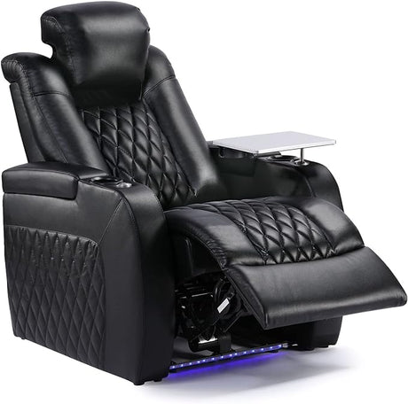 Home Theater Seating Top Grain Leather Recliner Chair Dual Power Movie Gaming