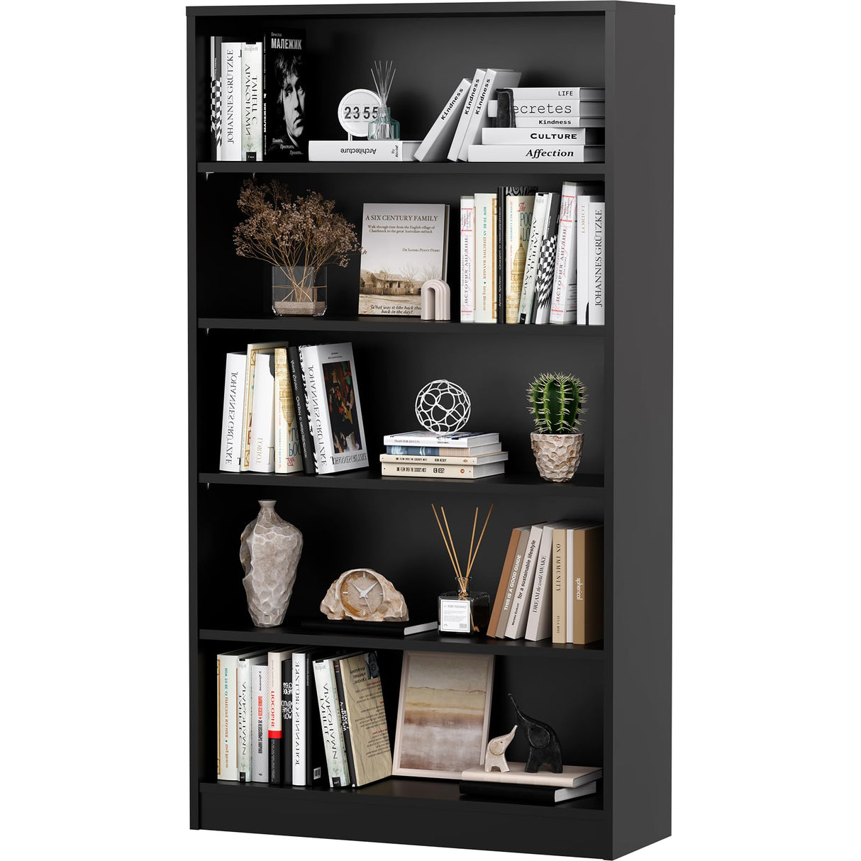 5 Shelf Bookcase,60 Inch Wood Tall Bookshelves for Living Room,Black