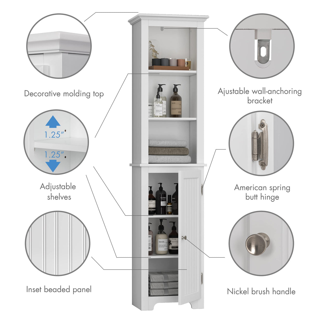 64" Freestanding Storage Cabinet, Bathroom Tall Silm Cabinet with Doors and Adjustable Shelves,