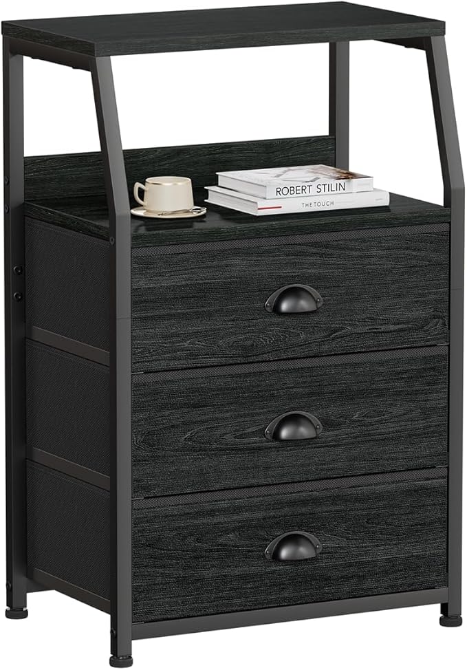 Nightstand with 3 Drawers and 2-Tier Shelf, Small Night Stand