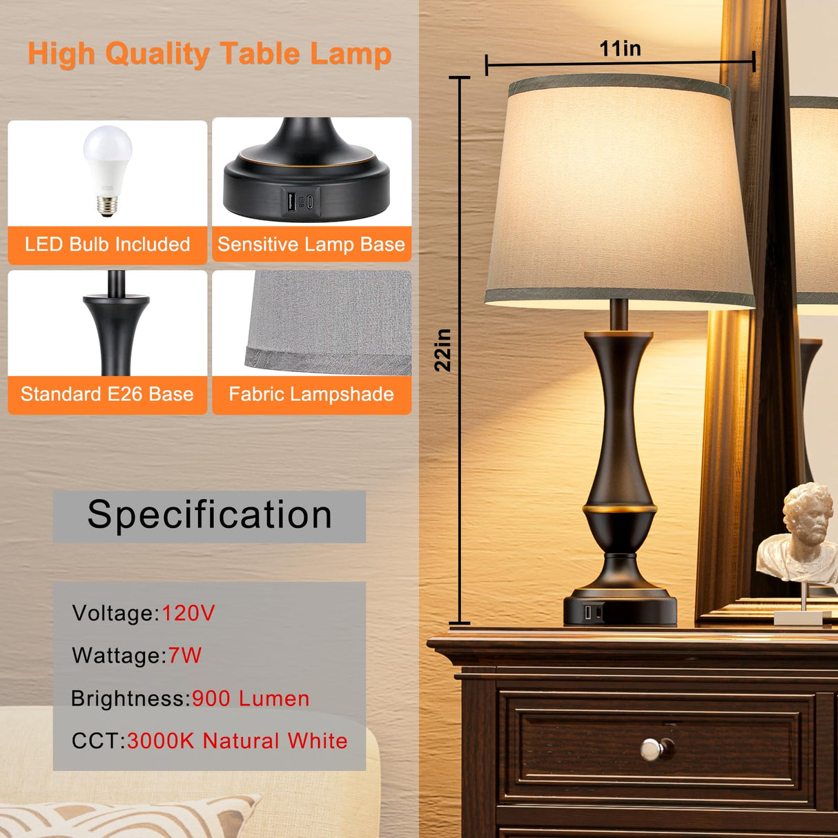 Touch Lamps for Bedrooms Set of 2 - Nightstand Table Lamp with USB C+A, 3 Way Dimmable Bedside