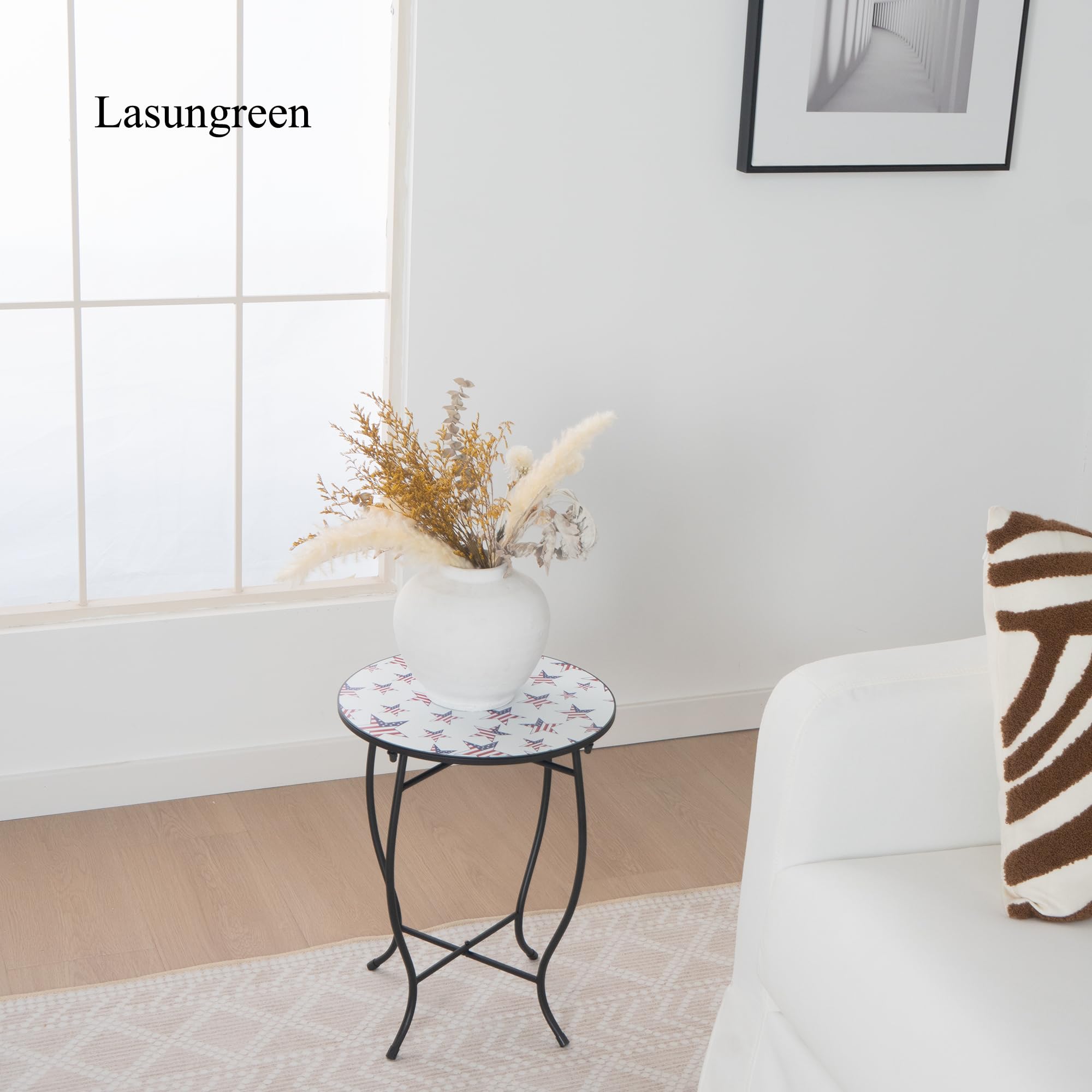 Lasungreen Theme Pattern Small 14 Inches Outdoor Side Table, Metal Frame for Patio, Indoor End Table (Holiday White) - Bircata