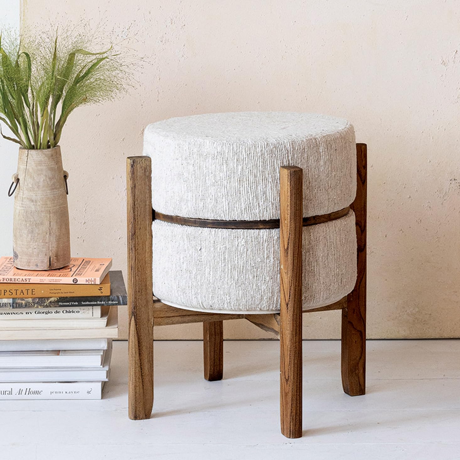 Woven Cotton and Wool Blend Table/Stool with Oak Wood Legs and Reversible Top