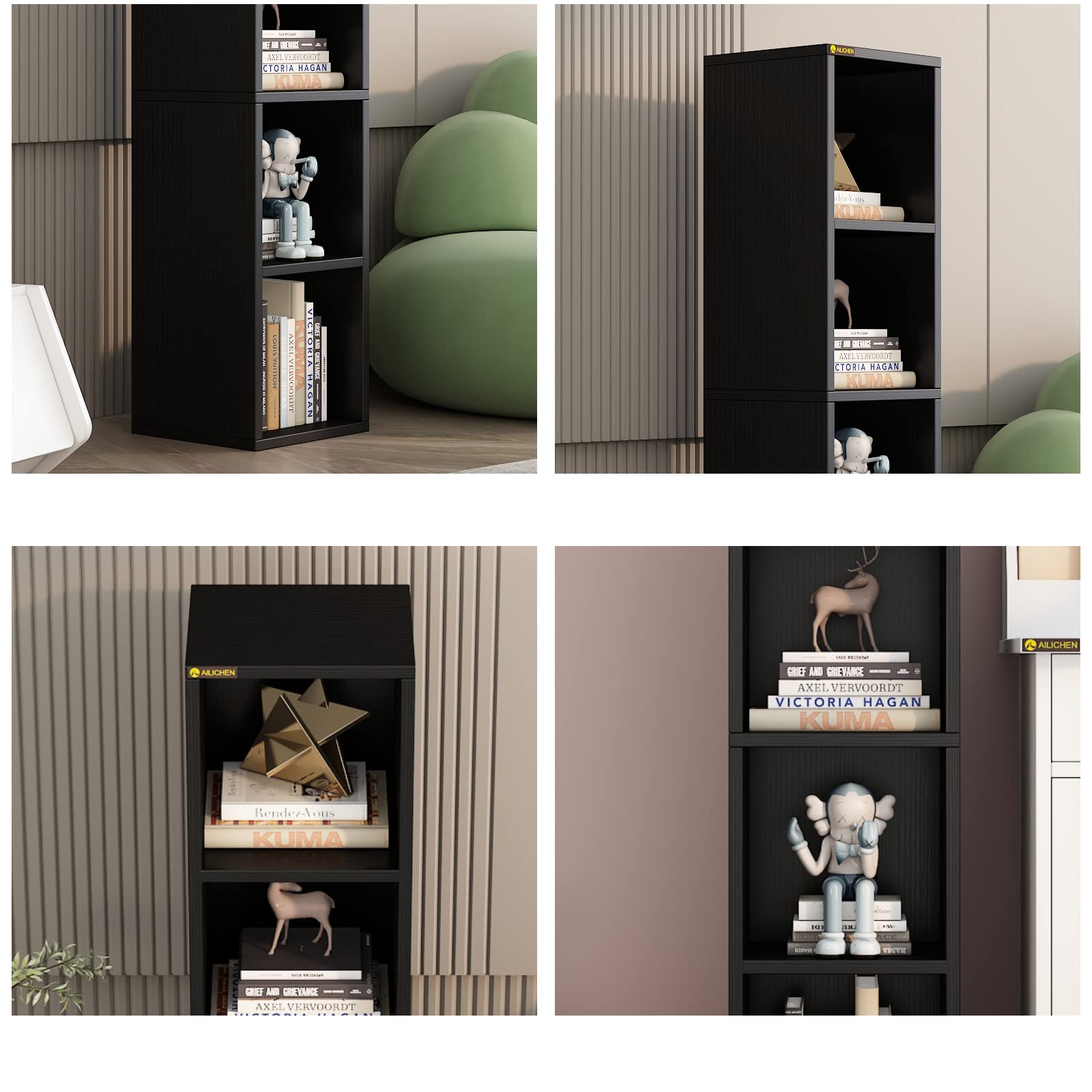 4 Cube Small Bookshelf, Narrow Storage Organizer Shelf, Wooden Corner Bookcase,
