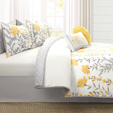 Aprile Soft Reversible Floral Comforter Set, 8 Piece Set, King, Yellow & Gray- Beautiful King