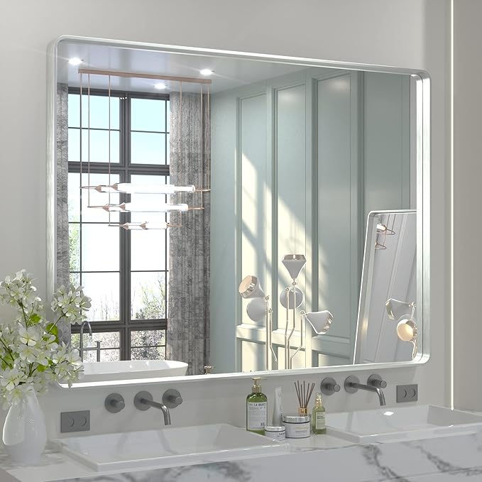 Bathroom Mirror, Champagne Gold Brushed Metal Framed Modern Vanity