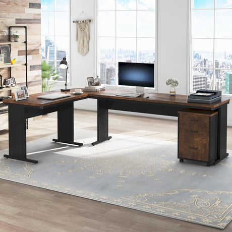 83" L-Shaped Executive Desk, Large Office Desk with 3-Drawer Mobile File Cabinet