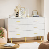 White 6 Drawer Dresser for Bedroom, Wooden White Double Dresser with Gold Handles