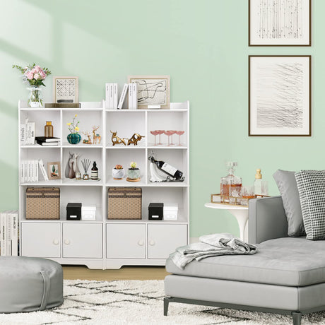 4-Tier Bookcase with Doors, 47.5" Tall Freestanding White Bookshelf with 3 Shelves