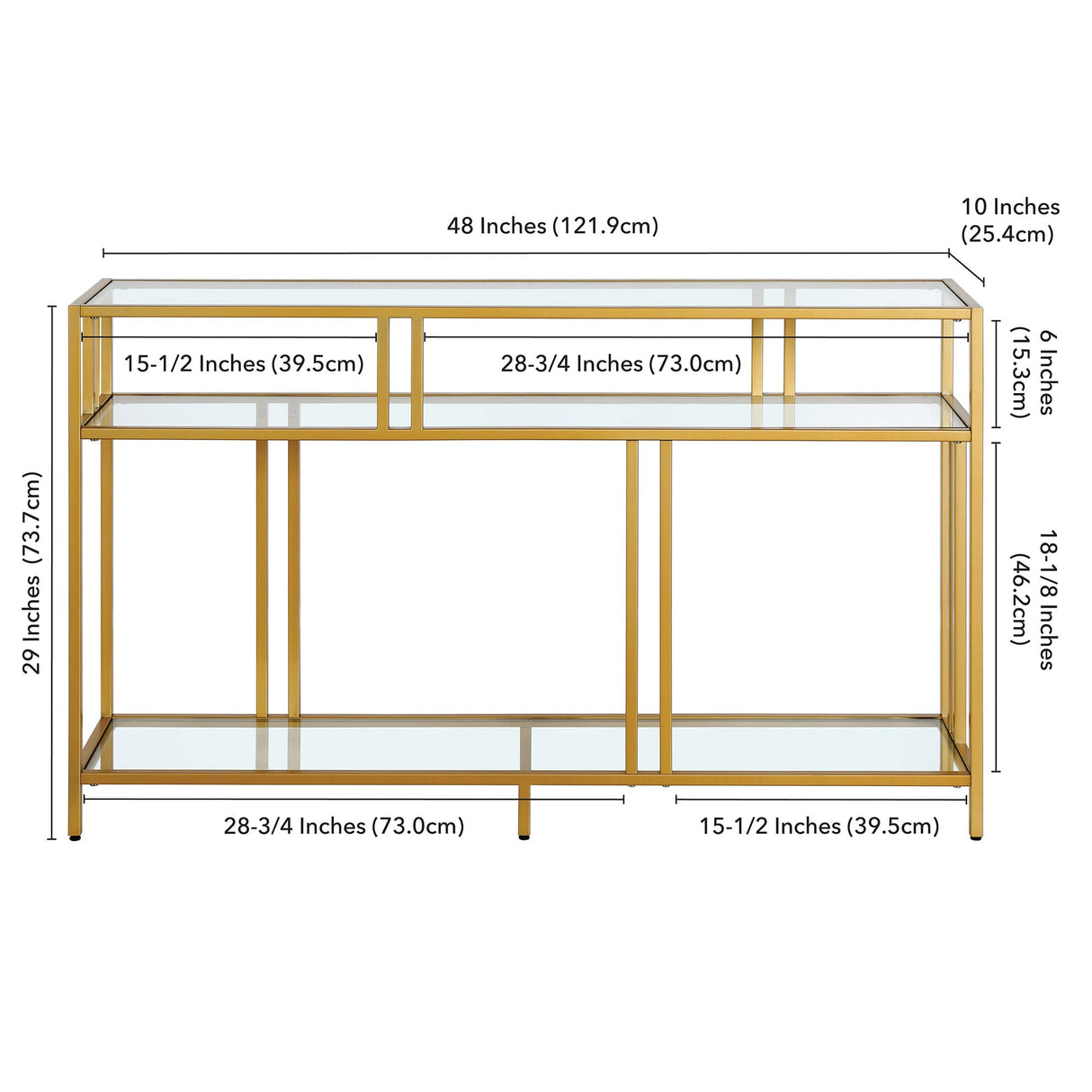 48" Wide Rectangular Console Table with Glass Shelves in Brass, Entryway Table, Accent