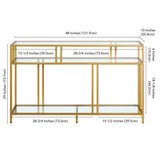 48" Wide Rectangular Console Table with Glass Shelves in Brass, Entryway Table, Accent