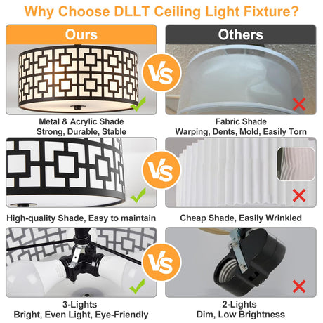 DLLT Flush Mount Ceiling Light: Modern 3-Light Semi Flush Mount Ceiling Light Fixture - Drum Kitchen Lighting Fixture for Dining Room - Black Bedroom Ceiling Lamp with Double Shade