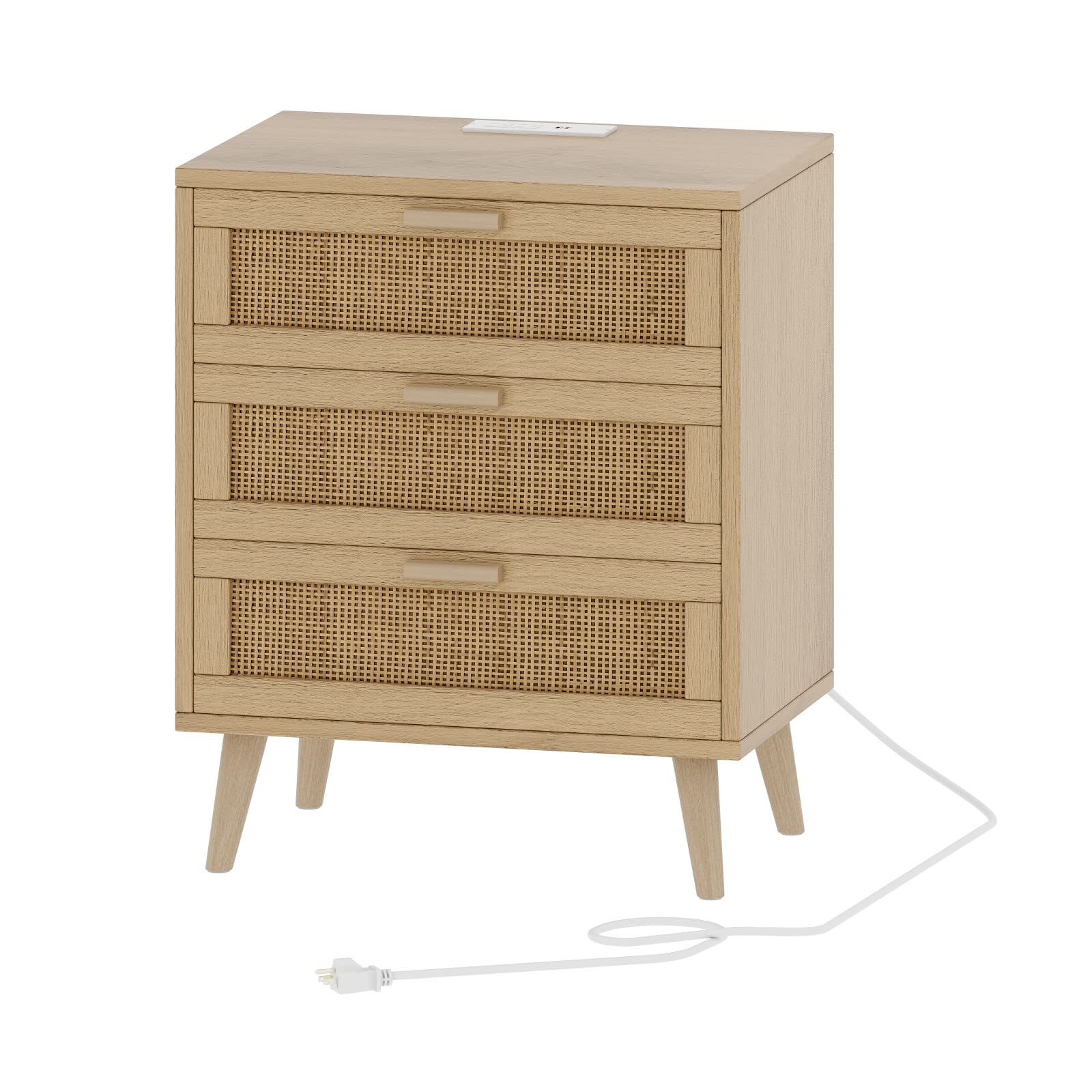 Rattan Nightstand with Charging Station, Night Stand with Rattan Decorated Drawers