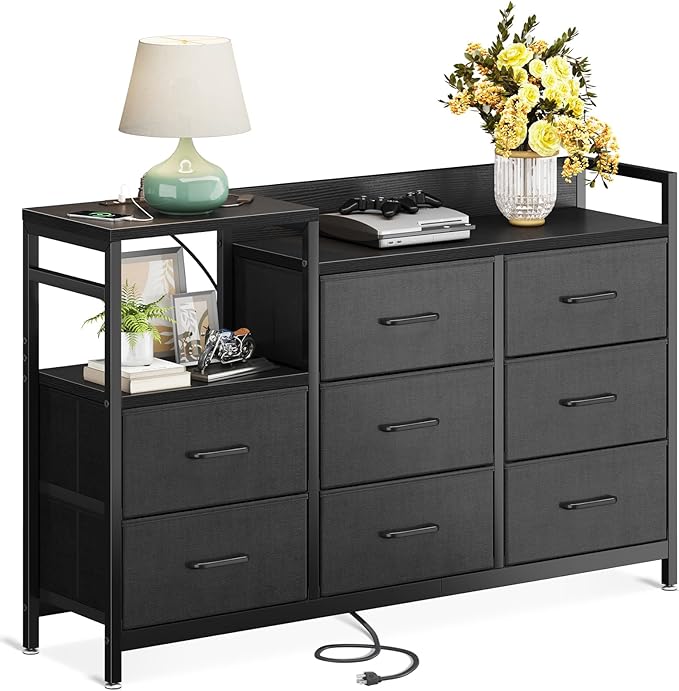 Dresser with Charging Station, 52-Inch Long Dresser for Bedroom with 8 Storage Drawers,