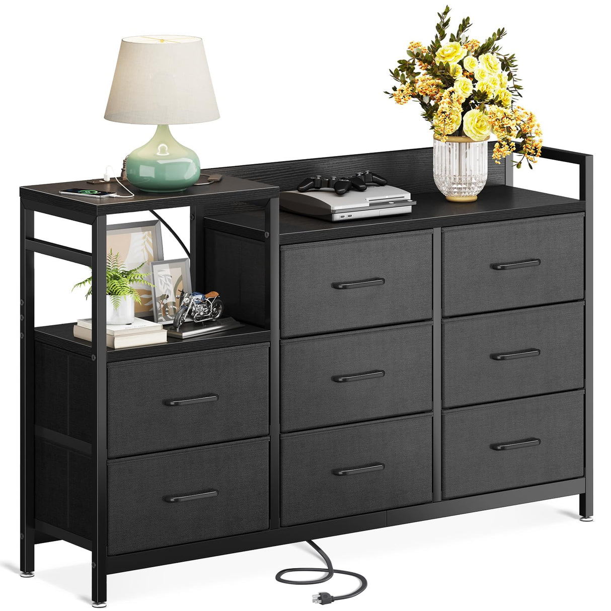 Dresser with Charging Station, 52-Inch Long Dresser for Bedroom with 8 Storage Drawers,