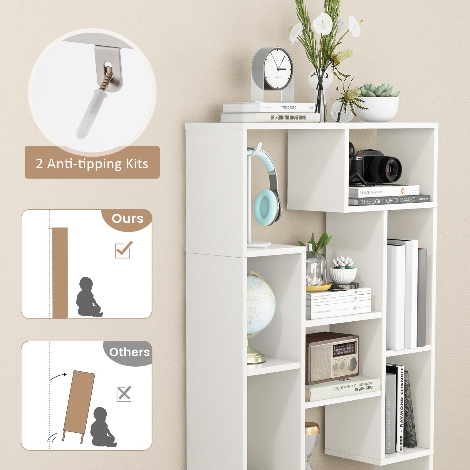 47" Bookshelf Set of 2, Modern Wooden Geometric Bookcase with Open Shelves, Anti-Tipping Kits, Wood Book Case Shelf, Open Cube Storage Organizer Display Rack for Living Room, White