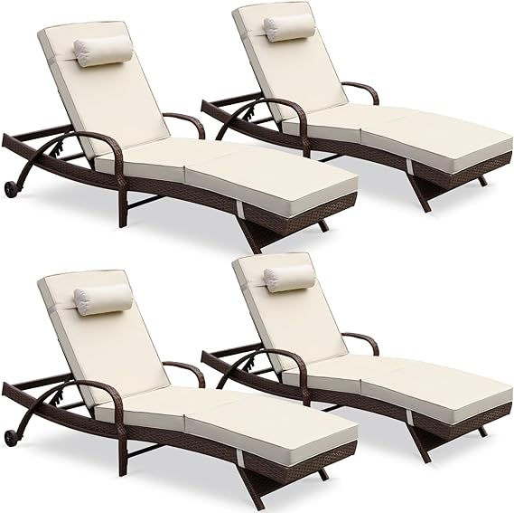 Outdoor Lounge Chairs Set of 2 Beach Wicker Chaise Lounge with Wheels, Cushion