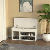 White Wood Shoe Storage Bench with Cushion, Entryway Bench with Lift Top Storage Box