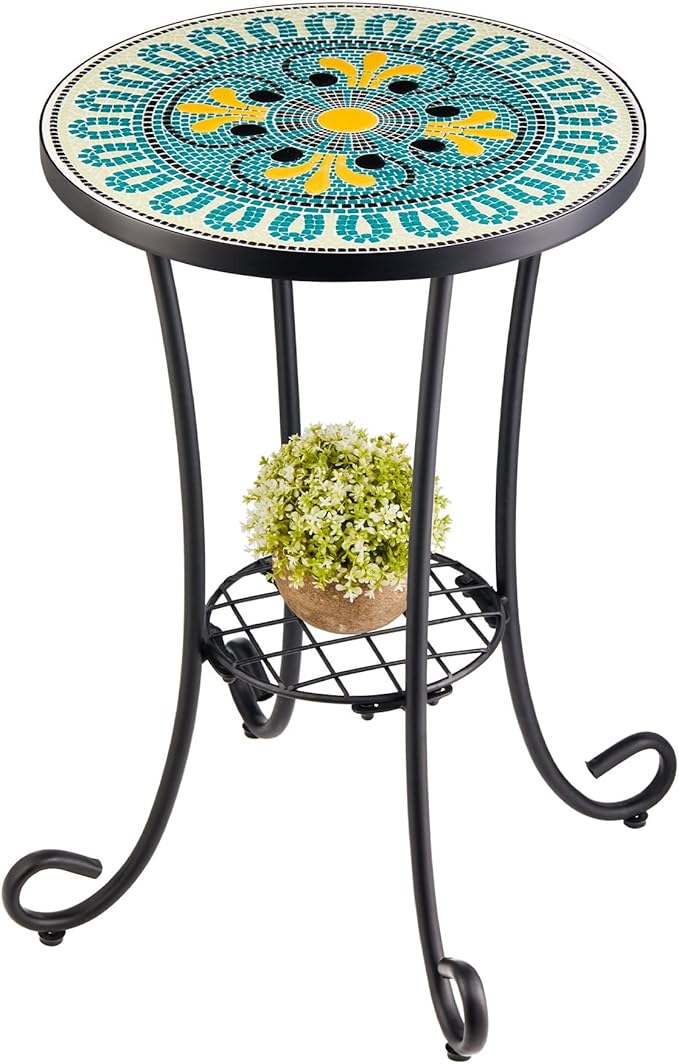 Patio Side Table and Plant Stand, 21" End Table with 14" Ceramic Tile Top for Porch Garden