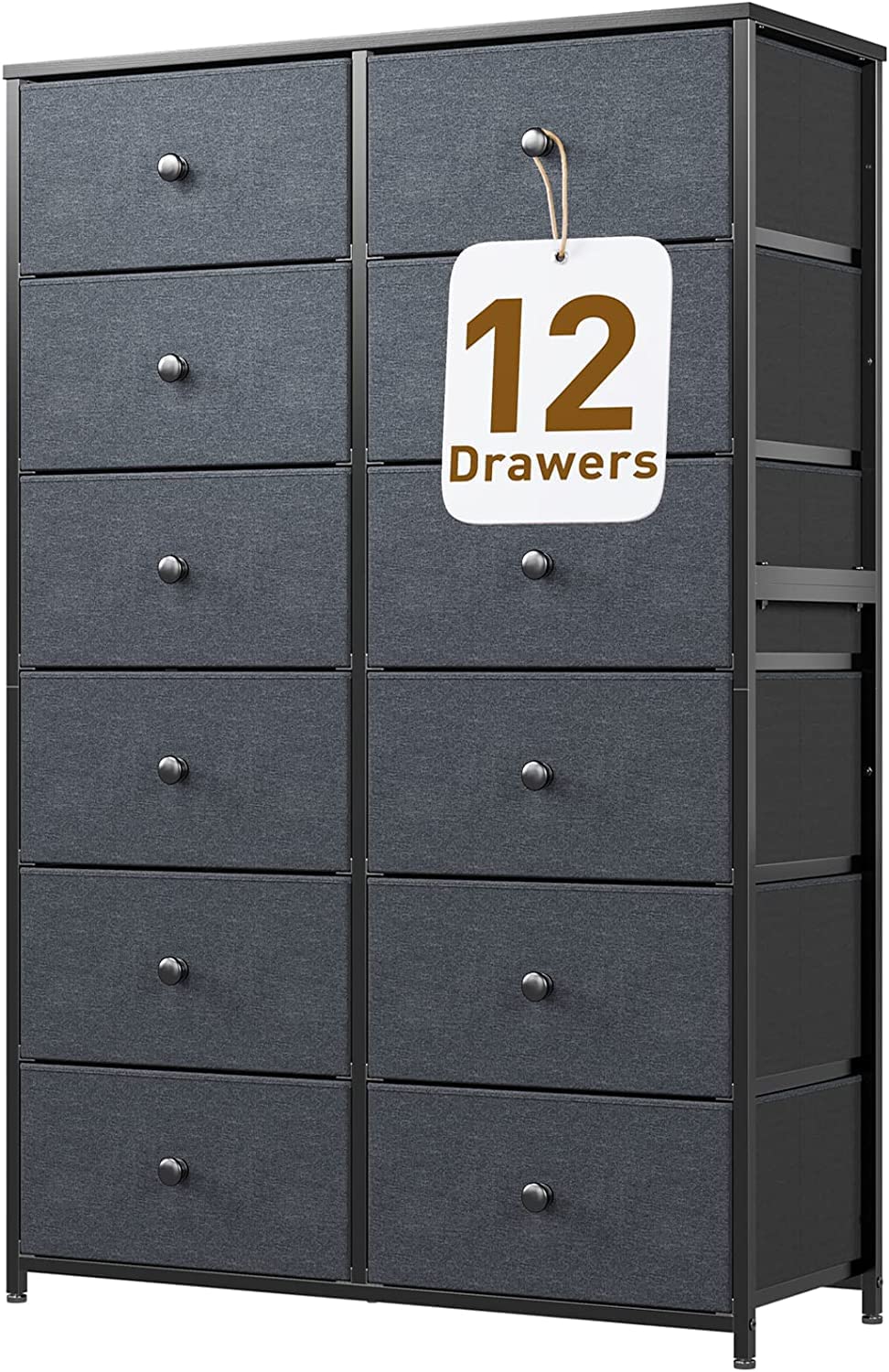 Dresser for Bedroom Tall Dresser with 12 Drawers Wooden Top and Metal Frame Black