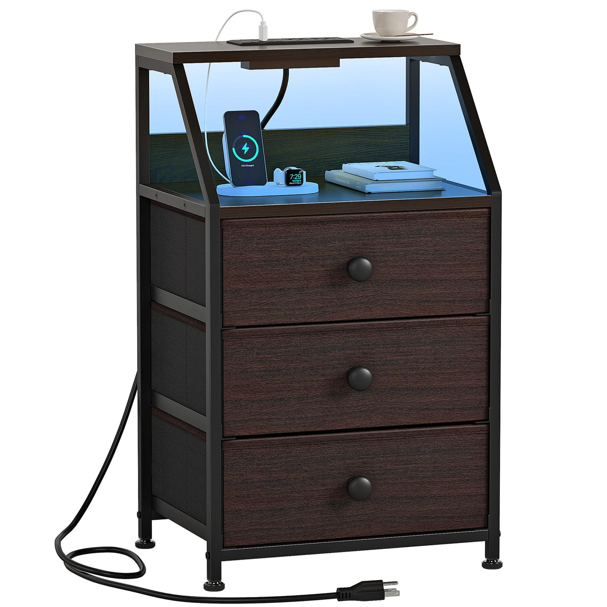 Charging Station and Led Light, Tall Brown Bedside Table