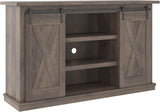 Benjara Wooden TV Stand with 2 Cross Barn Sliding Doors, Brown